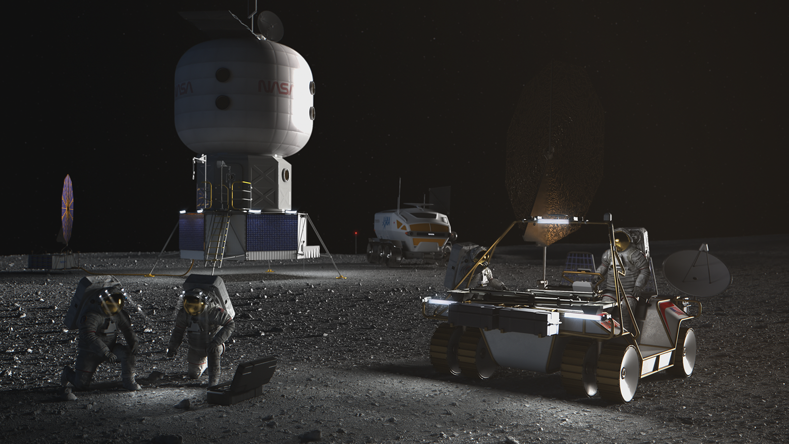 NASA concept image of an Artemis base camp on the Moon.