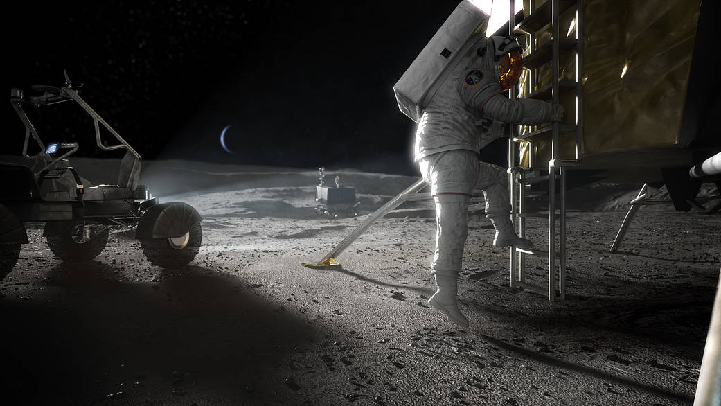 NASA concept image of an Artemis astronaut stepping onto the lunar surface.
